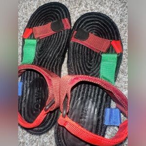 Loewe + Paula Ibiza’s color-blocking webbing espadrille sandals. Burgundy. IT 39